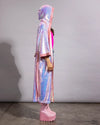 High-visibility festival outerwear: a women's pastel shimmer sequin kimono hooded coat robe by SpiritHoods.