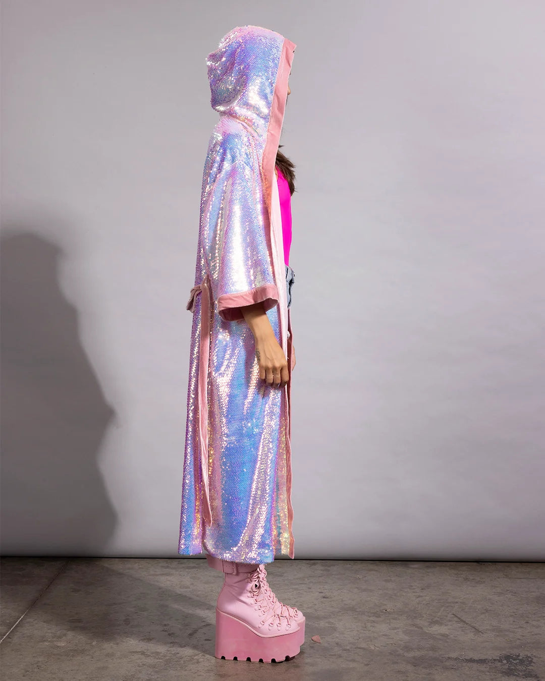 High-visibility festival outerwear: a women's pastel shimmer sequin kimono hooded coat robe by SpiritHoods.