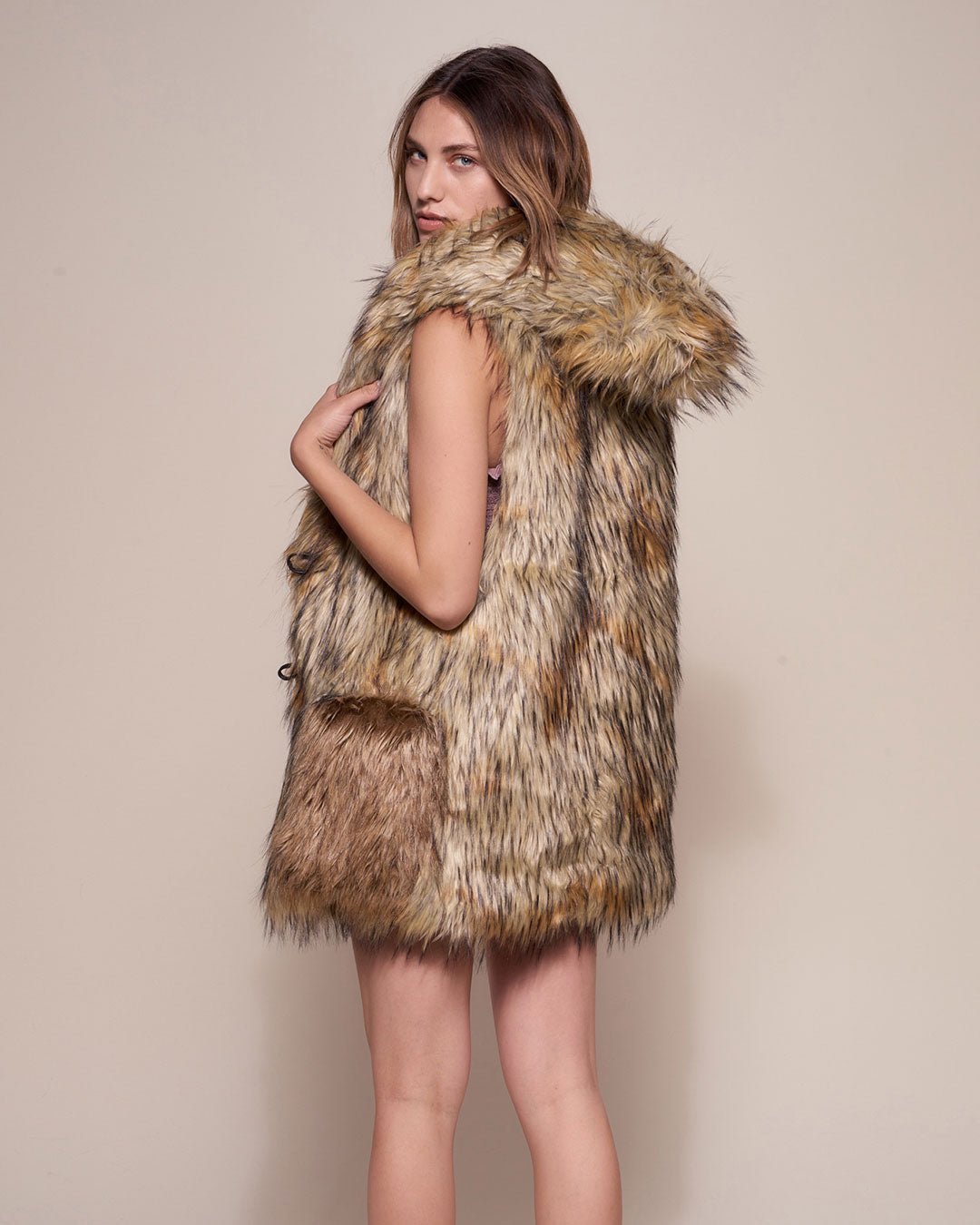 Golden Jackal Hooded Faux Fur Vest on Female