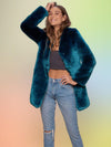 Turquoise Royal Wolf Luxe V-Neck Faux Fur Coat on Female