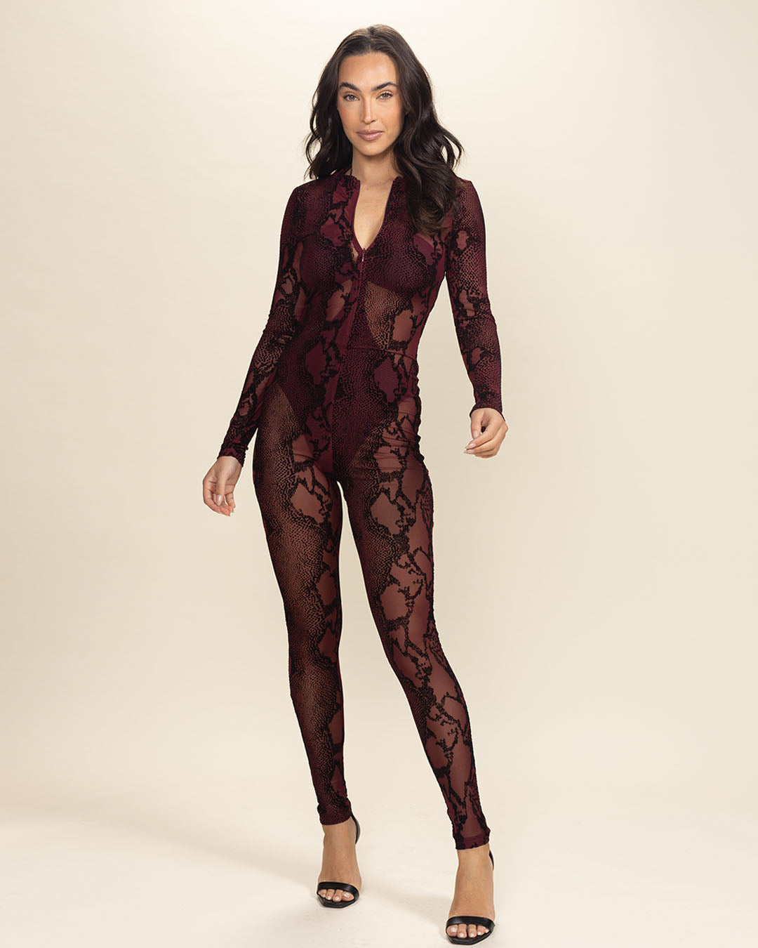 Garnet Snakeskin Flocked Mesh Full Bodysuit | Women's