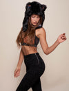 Woman wearing Faux Fur Black Wolf Half Hood SpiritHood, side view 1