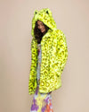 Vibrant neon leopard print outerwear for women, showcasing high-visibility color and high-quality synthetic fake fur.