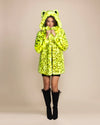 Animal-inspired vegan fashion brand coat in neon yellow leopard print, offering a bold look for colorful streetwear & festival fashion.
