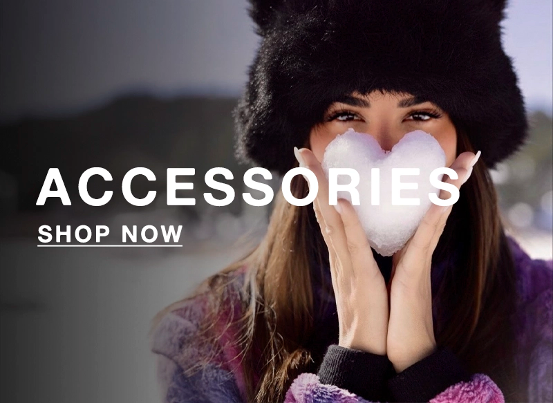 Person wearing winter accessories with text overlay 'ACCESSORIES SHOP NOW'.