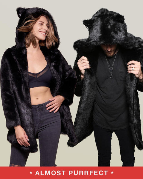Elegant Classic Black Panther Faux Fur Coat - SpiritHoods