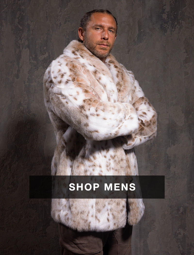 Man wearing a faux fur coat with 'Shop Mens' text on a dark background