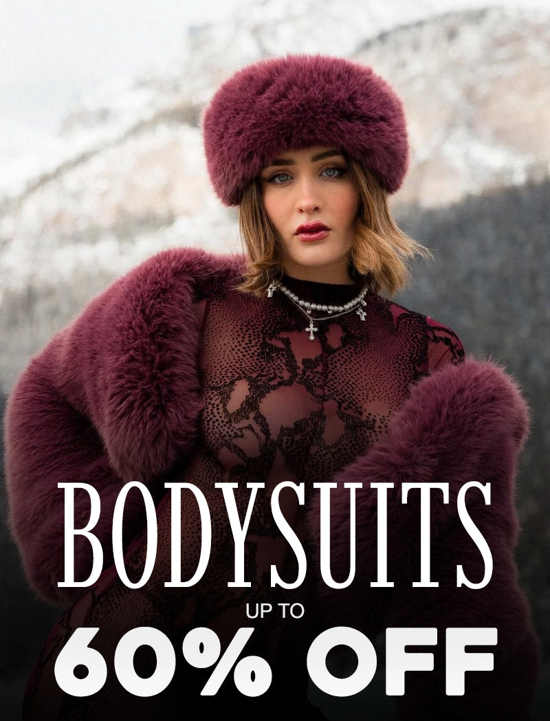 Woman wearing a fur coat and hat with a promotional text overlay for bodysuits on a blurred background.