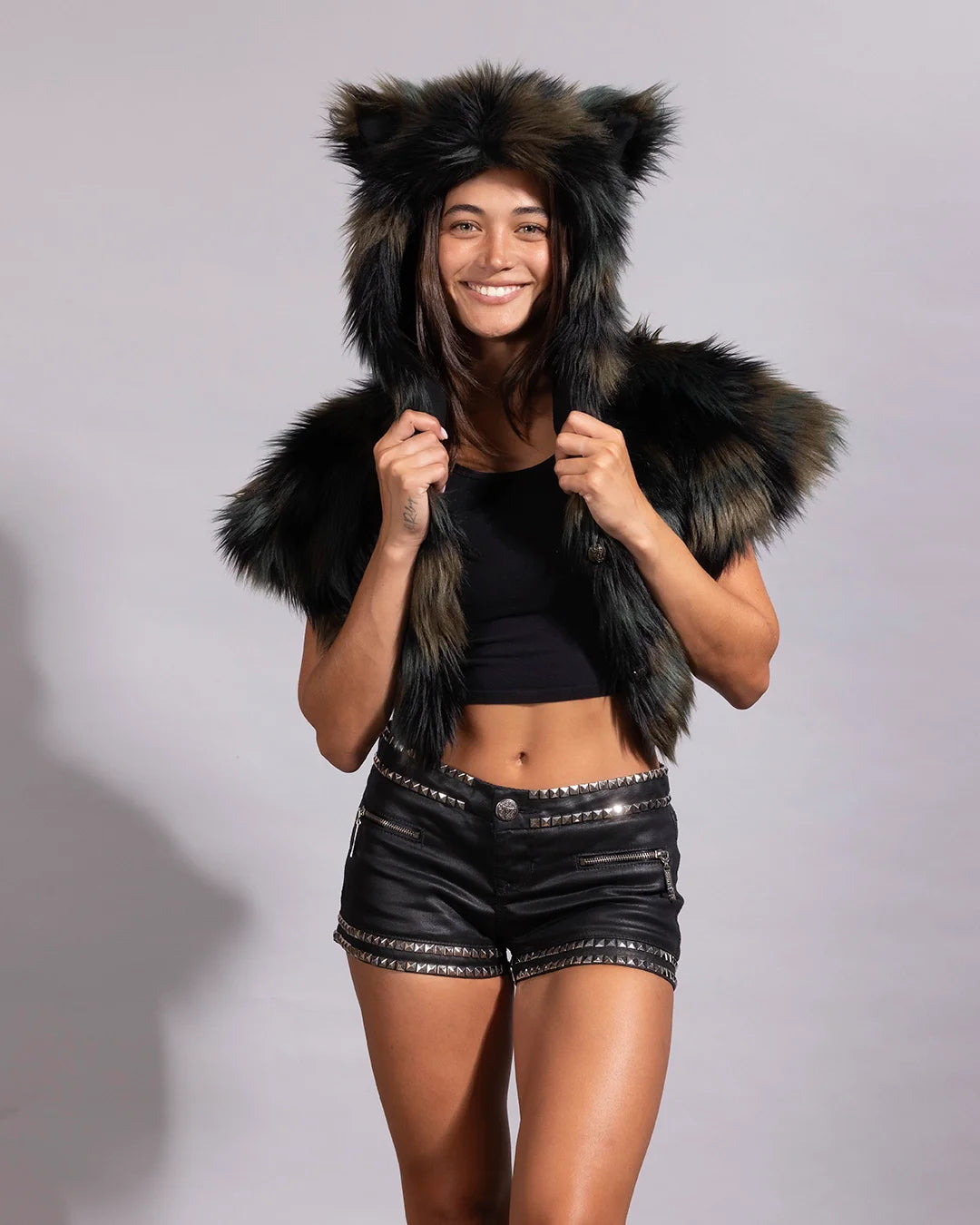 Best selling festival styles: a women's animal print shawl with a deep, plush hood and integrated cat ears.