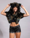 Front view of a woman wearing the Camo Cat classic faux fur shawl with a button closure and animal ears.