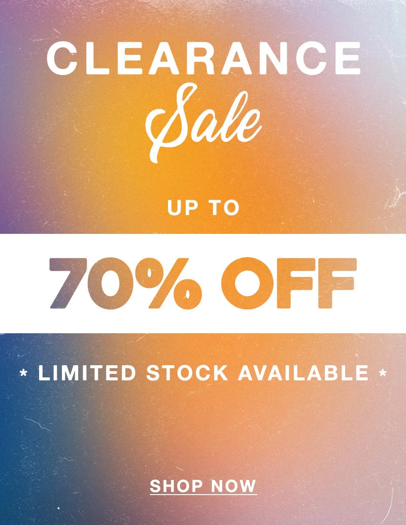 Colorful gradient graphic with a soft textured overlay announces a clearance sale. Bold white and orange text reads: “CLEARANCE Sale – UP TO 70% OFF – LIMITED STOCK AVAILABLE.” A white “SHOP NOW” button appears at the bottom.