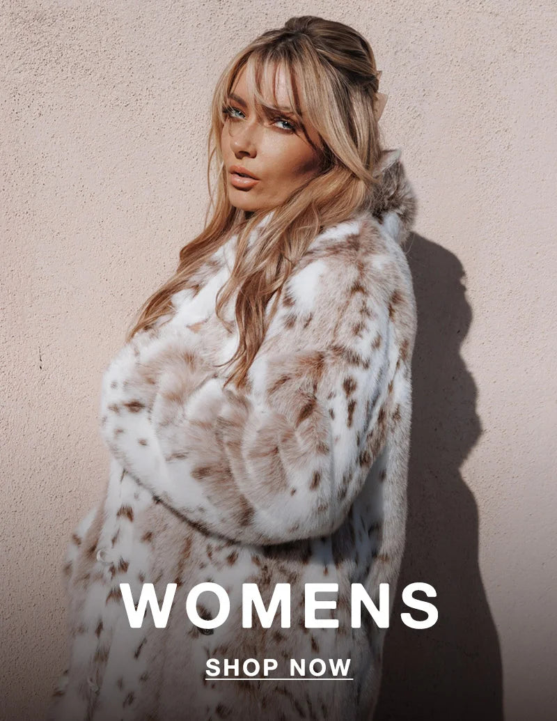 A woman with long blonde hair poses confidently against a pale textured wall, wearing a luxurious white faux fur coat with light brown spotted patterns. The lighting casts a dramatic shadow on the wall. Bold white text at the bottom reads “WOMENS” with a “SHOP NOW” button underneath.