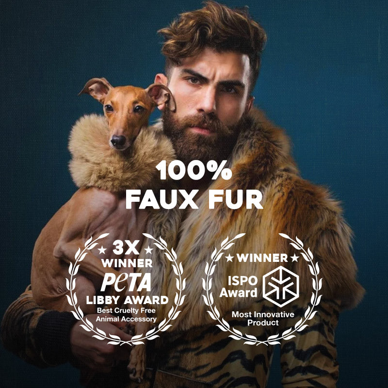 Image of a man wearing a faux fur coat, holding a dachshund . Text says, "100% faux fur. 3x winner PETA Libby Award for Best Cruelty Free Animal Accessory. Winner of ISPO Award for Most Innovative Product."