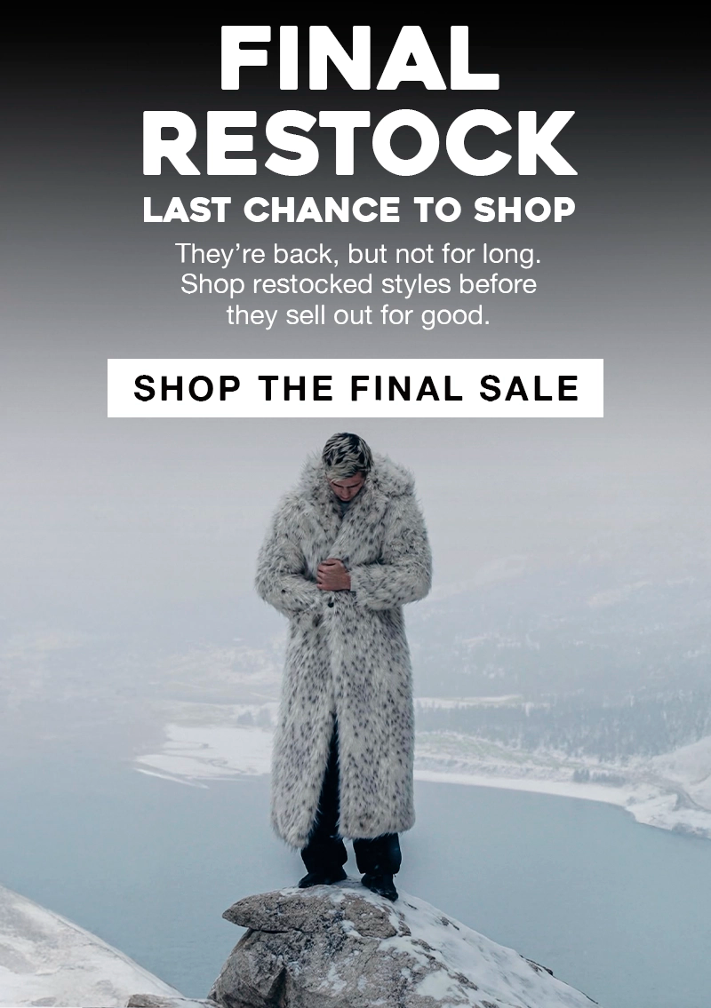 Promotional banner with large text reading 'FINAL RESTOCK' and 'SHOP THE FINAL SALE' on a dark background, alongside a person in a light winter coat standing on a snowy rocks by a body of water.