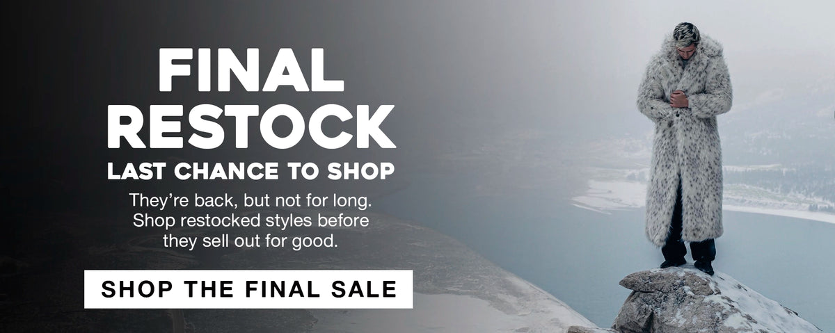 Promotional banner with large text reading 'FINAL RESTOCK' and 'SHOP THE FINAL SALE' on a dark background, alongside a person in a light winter coat standing on a snowy rocks by a body of water.