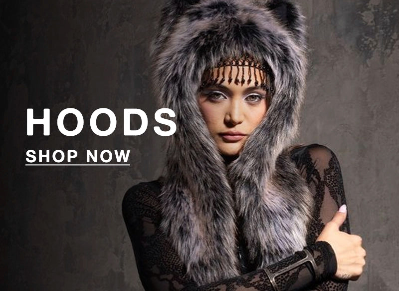 Person wearing a fur hood with text 'HOODS SHOP NOW' on a dark background