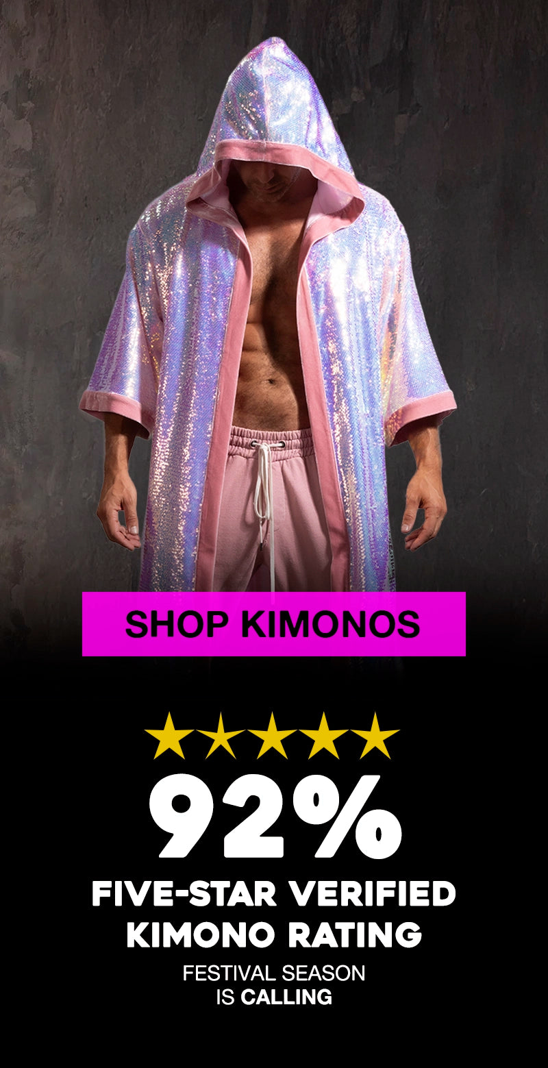 A man wearing a shiny iridescent pink and silver kimono robe with pink trim, standing against a dark textured background. A bright pink banner reads 'SHOP KIMONOS' and the lower portion shows a five-star rating graphic with '92% FIVE-STAR VERIFIED KIMONO RATING' and 'FESTIVAL SEASON IS CALLING'.