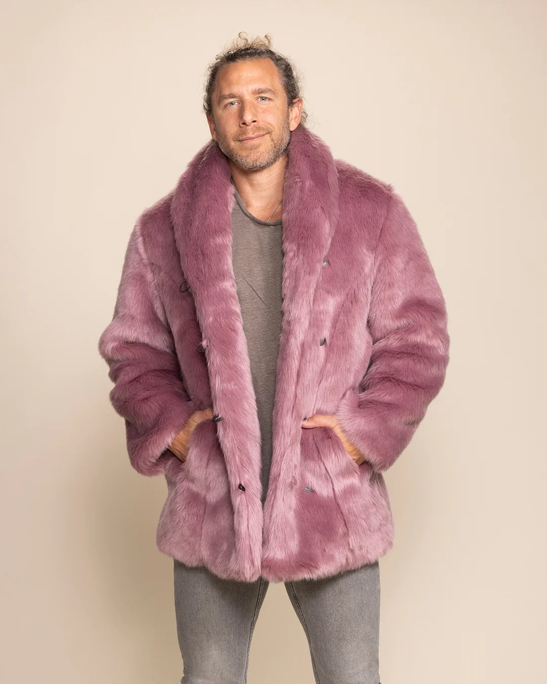 Men's lavender panther faux fur coat featuring an oversized collar and a relaxed unisex silhouette.