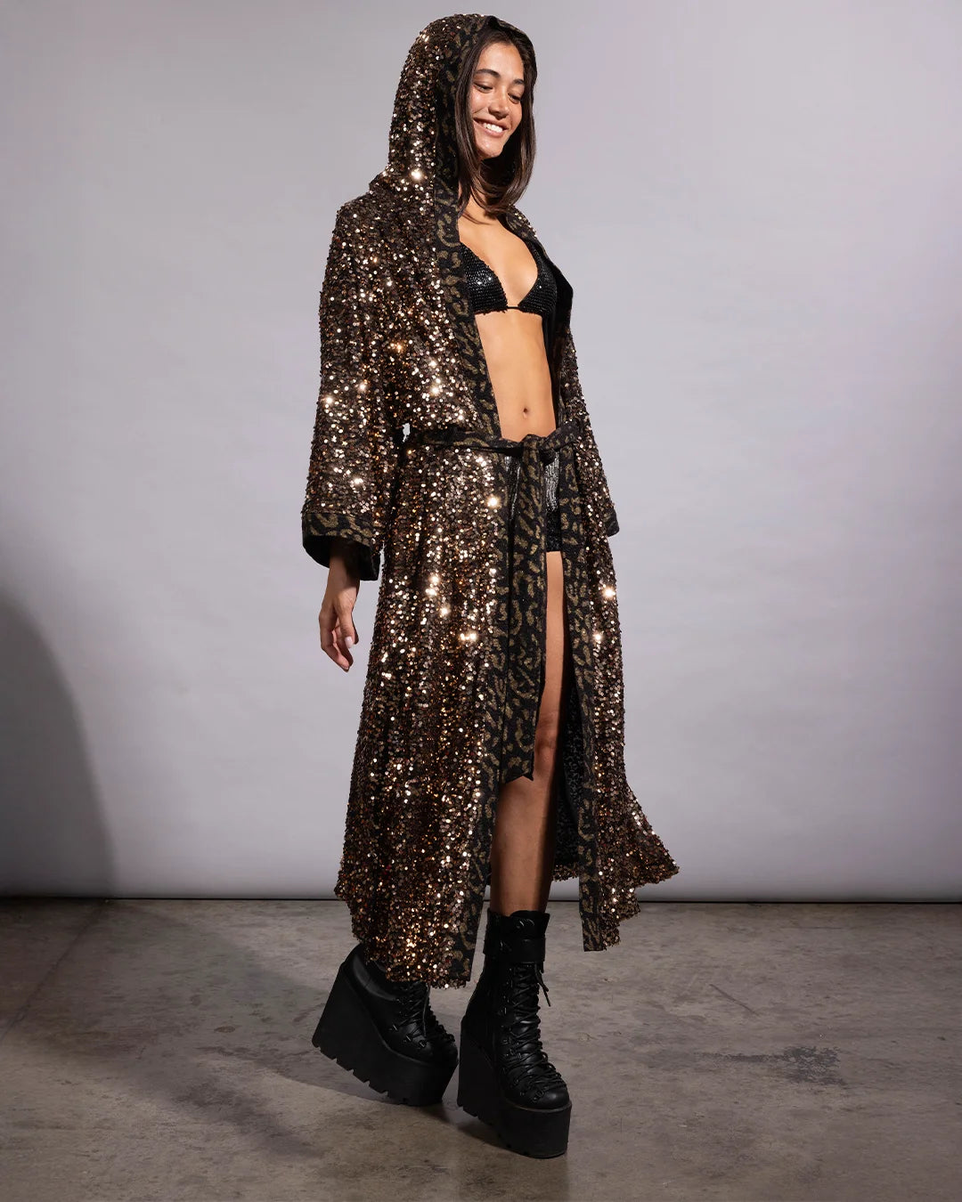 SpiritHoods exclusive women's gold leopard kimono with premium black trim details and an oversized hood.