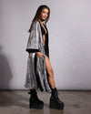 SpiritHoods premium silver snakeskin sequin duster robe with black velvet trim accents and a relaxed waist tie.