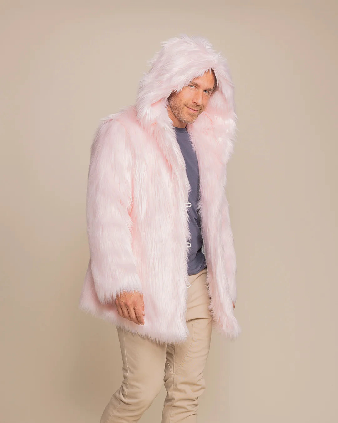 Men's Flamingo Wolf pink faux fur coat featuring an oversized hood and a relaxed, unisex silhouette.