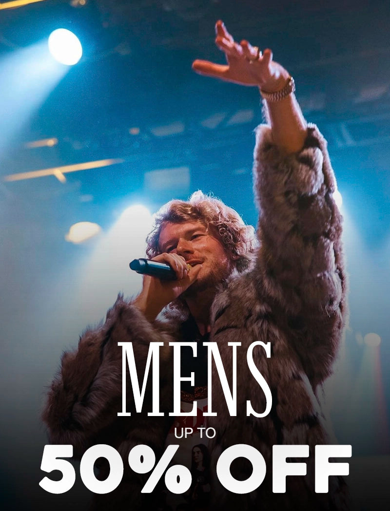 Person in fur coat singing into microphone with promotional text overlay