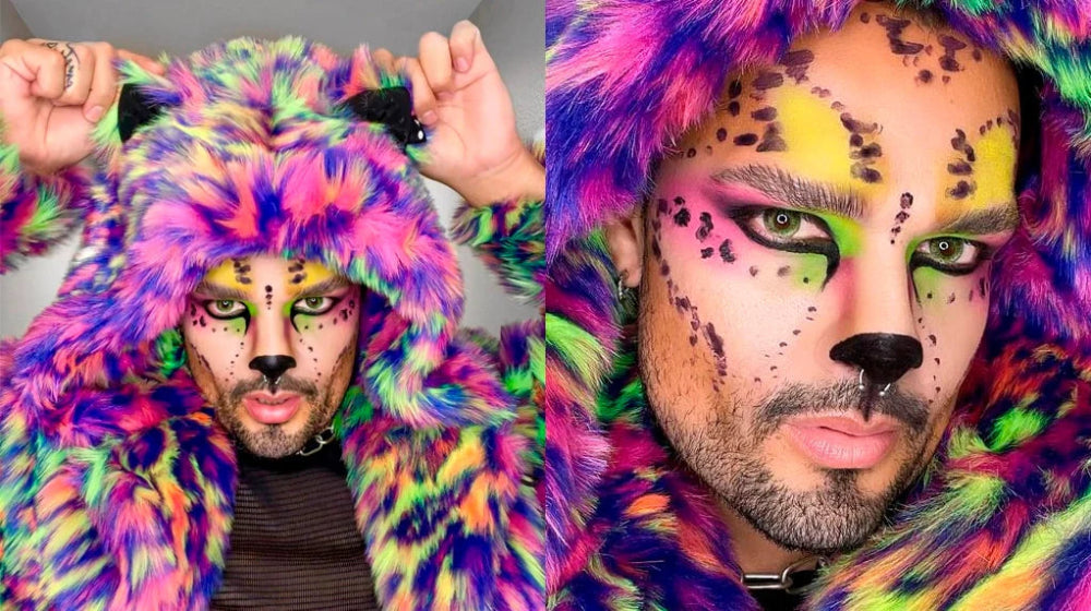 Person wearing a colorful faux fur coat with animal print makeup
