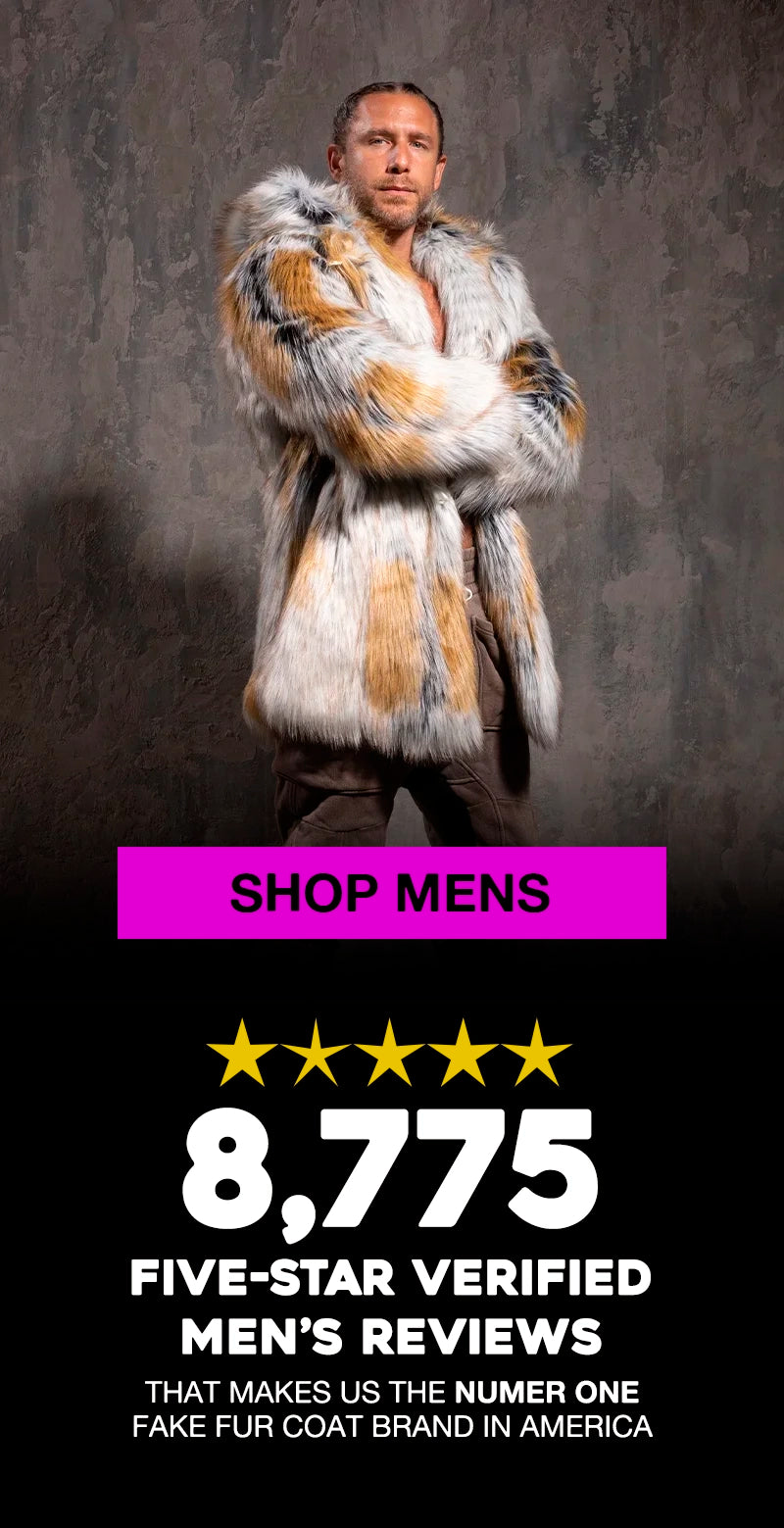 A promotional banner featuring a man wearing a long faux fur coat with white, gray, and tan patches, set against a dark textured background. Below the model, a purple banner reads 'SHOP MENS', followed by a five-star graphic and text stating '8,775 FIVE-STAR VERIFIED MEN'S REVIEWS' and 'THAT MAKES US THE NUMBER ONE FAKE FUR COAT BRAND IN AMERICA'.