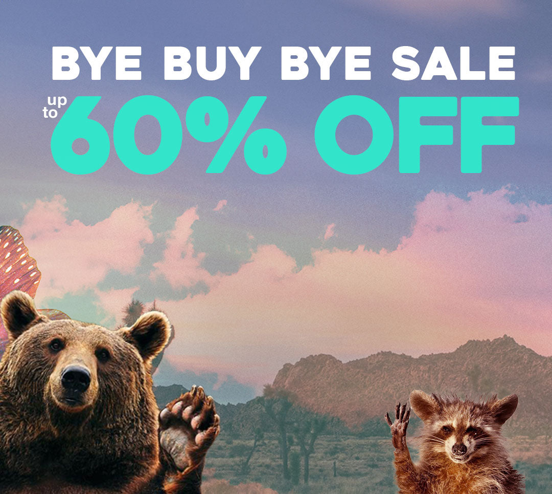 Playful promotional image with a pastel desert mountain background and whimsical animals. A bear and raccoon wave at the viewer from the foreground. Bold white and teal text reads “BYE BUY BYE SALE” with “up to 60% OFF” underneath. The image promotes a major sale with a fun and quirky tone.