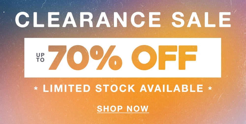 Colorful gradient graphic with a soft textured overlay announces a clearance sale. Bold white and orange text reads: “CLEARANCE Sale – UP TO 70% OFF – LIMITED STOCK AVAILABLE.” A white “SHOP NOW” button appears at the bottom.