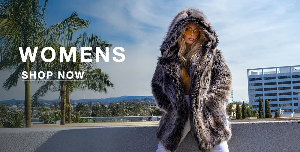 A woman stands on a rooftop in front of palm trees and city buildings, wearing a dramatic oversized faux fur coat with a large hood. She sports yellow-tinted sunglasses and a confident pose. The sky is clear and blue. Bold white text on the left reads “WOMENS” with a “SHOP NOW” button beneath it.