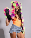 Burning Man statement accessory featuring a UV reactive neon fur hood complete with long scarf paws and inner lining.
