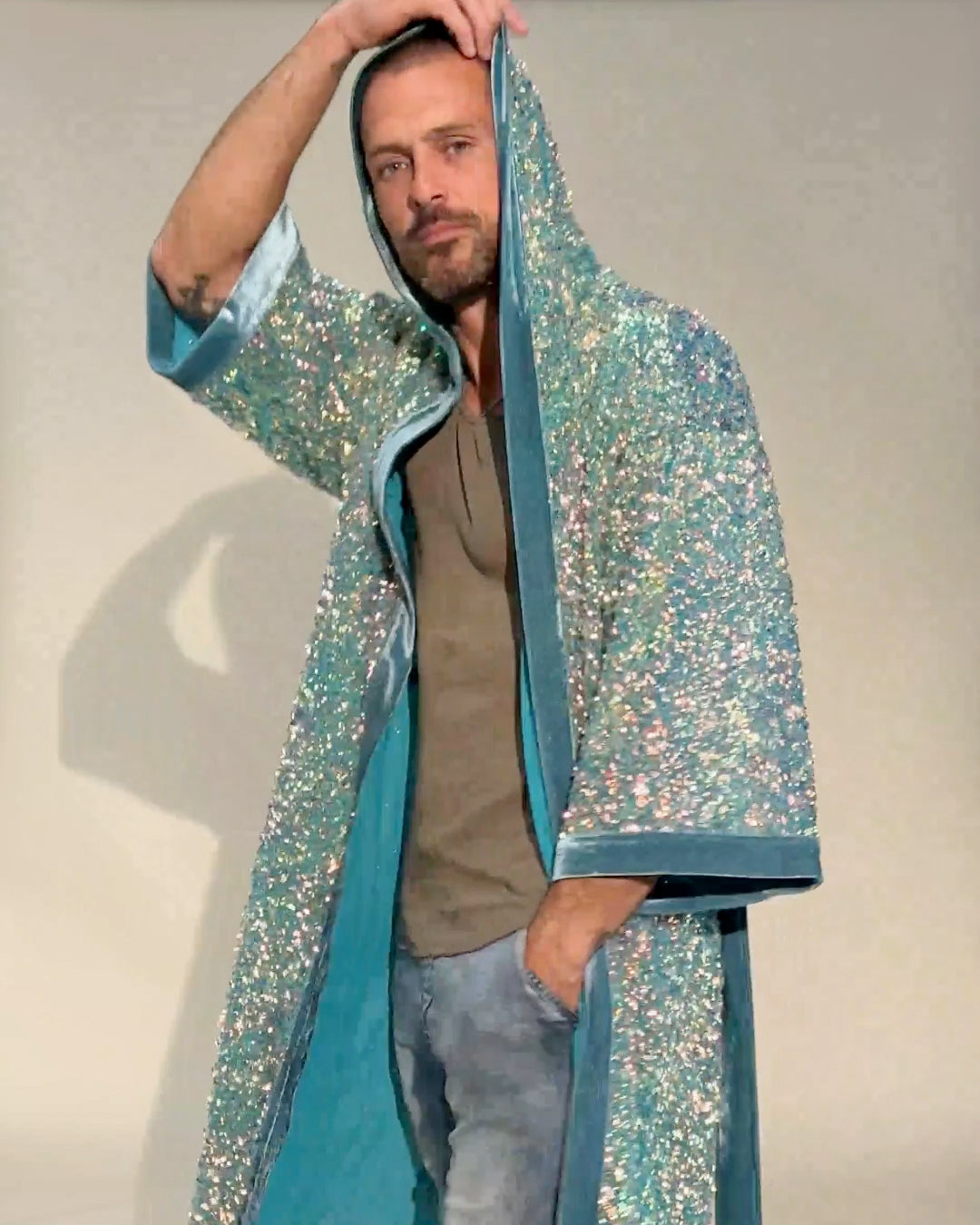 Firefly of the Sea Hooded Sequin Kimono | Men's