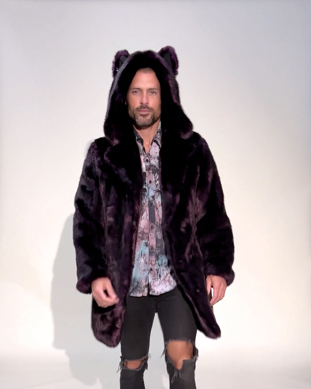 Men's Faux Fur Coat with Hood | Midnight Wolf - SpiritHoods
