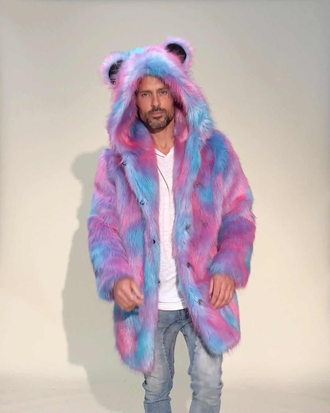 Men's Faux Fur Coat With Hood | Cotton Candy Bear - SpiritHoods