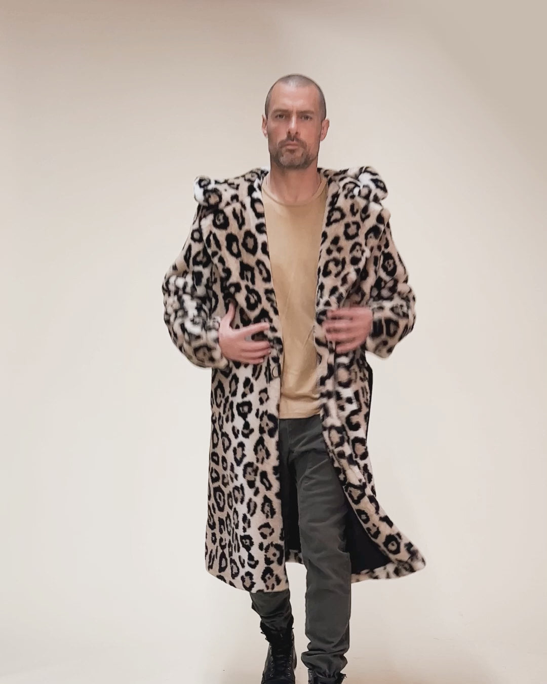 Men's Long Faux Fur Coat With Hood | Arabian Leopard - SpiritHoods