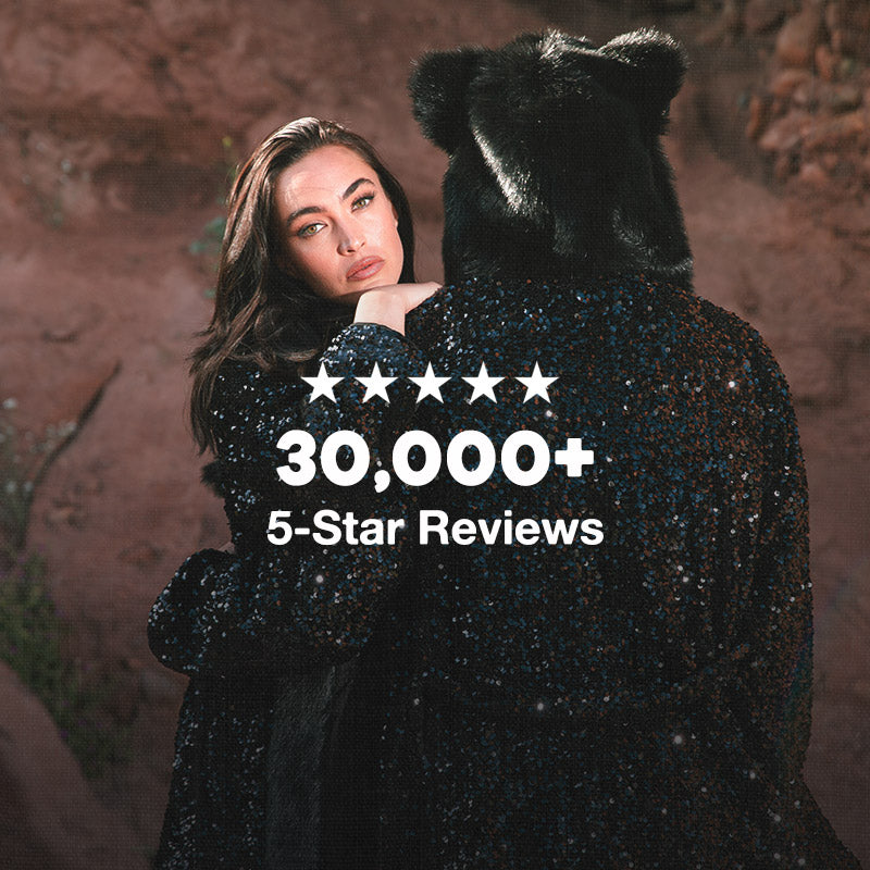 Infographic showing male and female model wearing black panther sequin robes and showing that SpiritHoods has received over 30,000 5-star reviews.