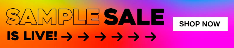 Promotional banner with 'Sample Sale' text and 'Shop Now' button on a gradient background.