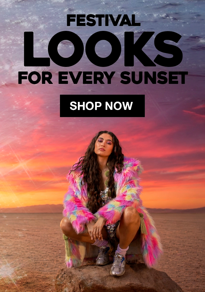 Person in a colorful coat sitting on a rock with a sunset background and promotional text.
