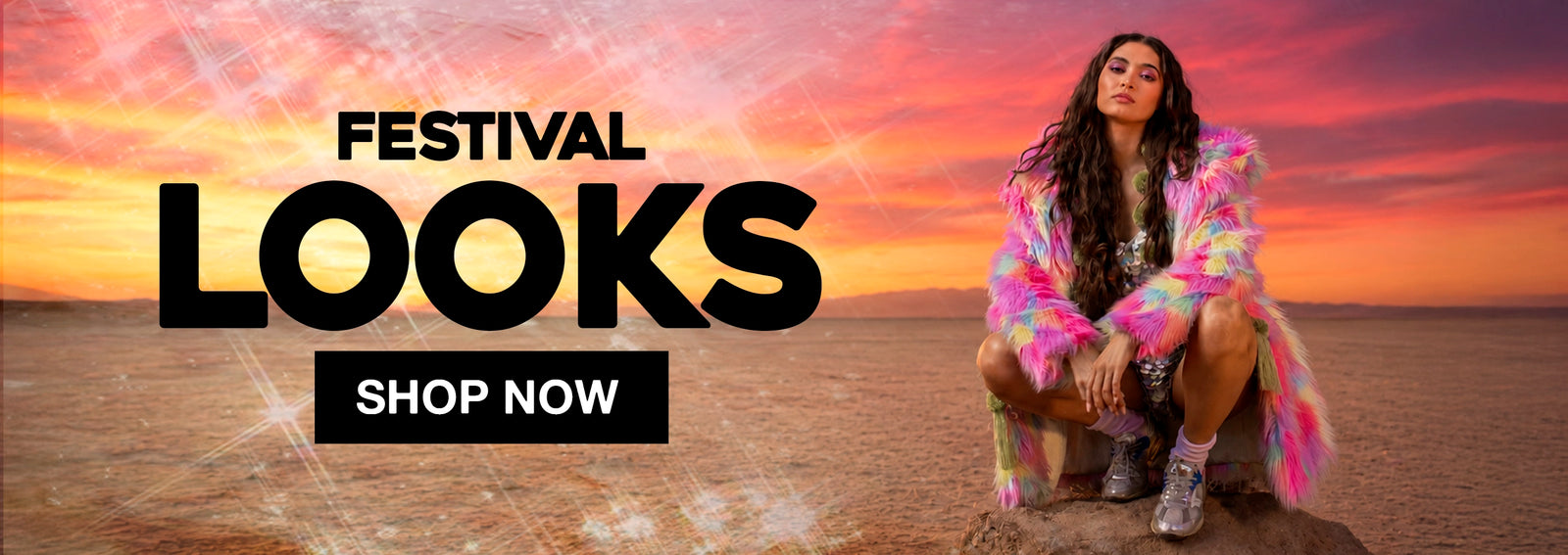 Person in colorful outfit sitting on a desert road with 'Festival Looks' text overlay.