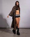 High-glam leopard sequin kimono robe designed for festival streetwear, rave parties, and concert outfits.