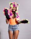 EDM rave animal hood in an electric neon fiesta cat pattern that glows brilliantly under night event blacklights.
