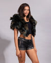 SpiritHoods collector edition camo print fake fur shawl featuring dark green, brown, and black earth-toned fur textures.