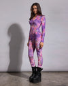 Sheer pink leopard catsuit intended for creative festival layering, rave parties, and streetwear outfits.