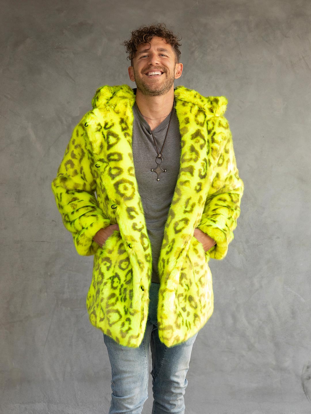 Man wearing Neon Yellow Leopard Luxe Classic Faux Fur Coat, front view 1