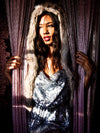 Woman wearing faux fur Collector Edition Timber Wolf Shawl, front view