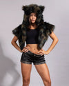 SpiritHoods women's camo furry shawl with leopard face button front button closure and functional inner zipper pocket.