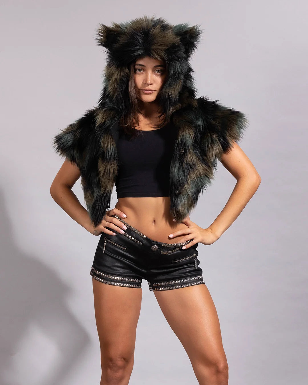 SpiritHoods women's camo furry shawl with leopard face button front button closure and functional inner zipper pocket.