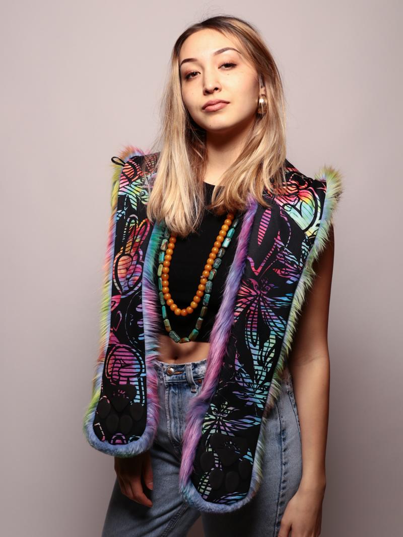 Woman wearing faux fur Fair Bunny CE SpiritHood, front view 4
