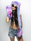 Woman wearing CatsInSpace Cotton Candy Kitty CE Faux Fur SpiritHood, front view 3